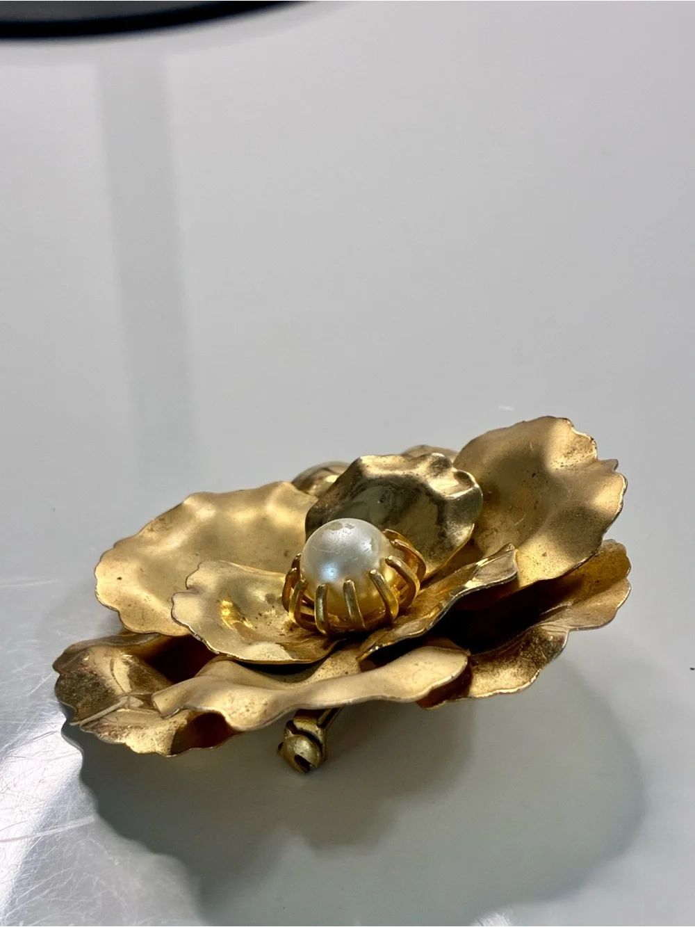 Brushed Gold Flower Brooch with Pearl Center Multi Dimensional Lightweight